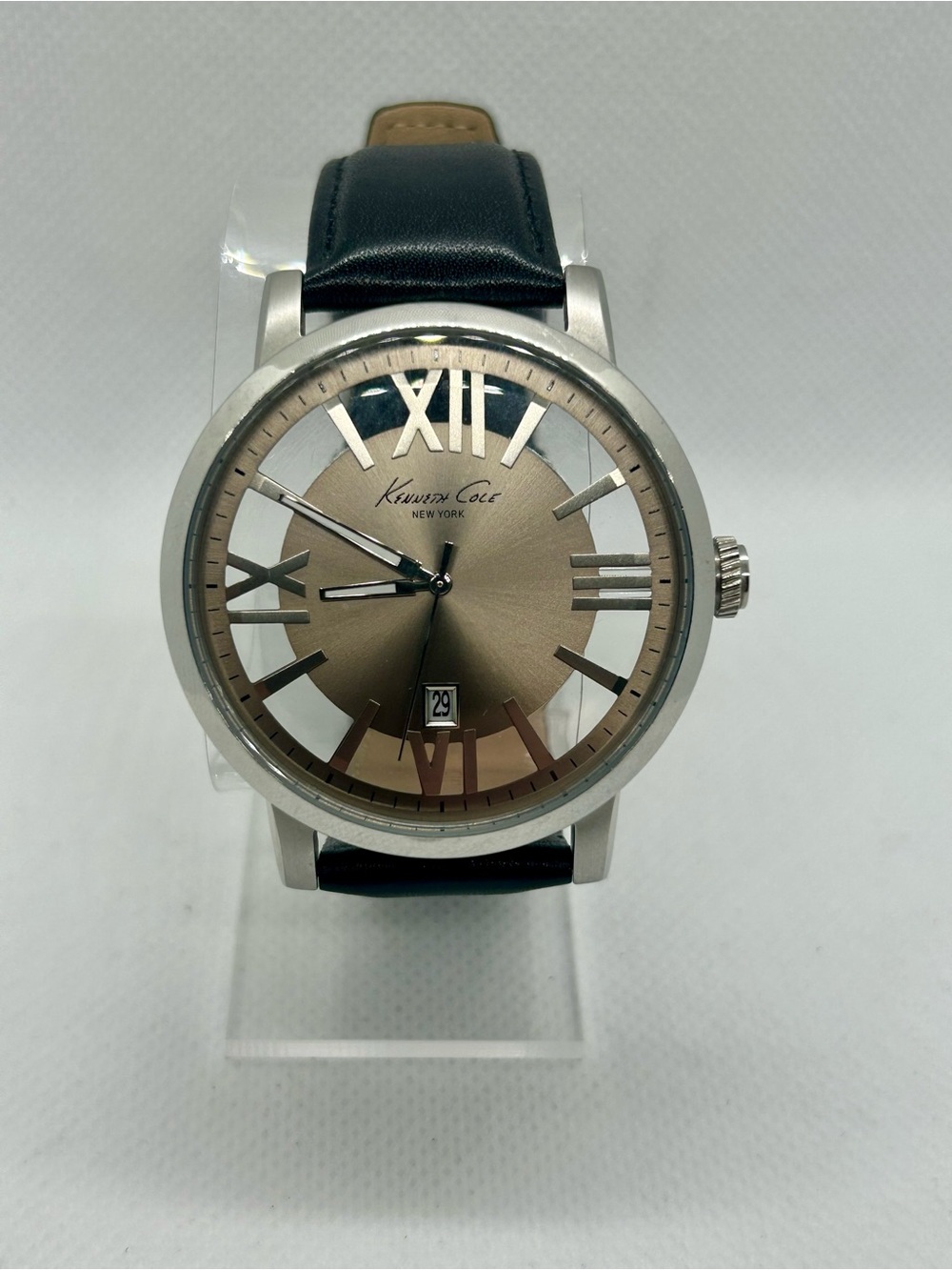 Kenneth Cole Skeleton Dial Men’s 46mm Silver Tone Roman Numeral Leather Strap